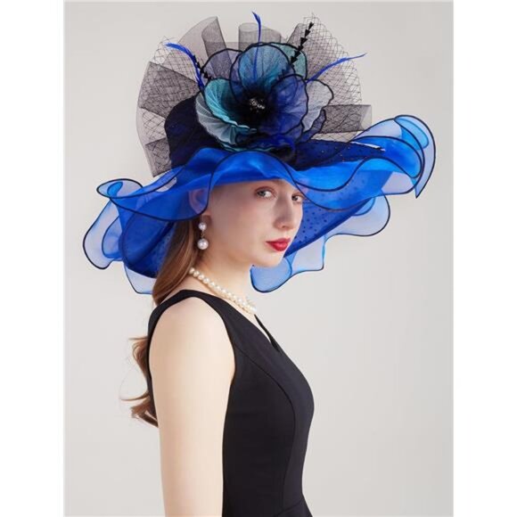 Women Organza Church Tea Party Hats Floral Blue